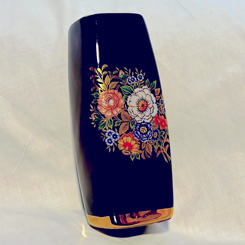 24k Gold Bud VASE Floral Black Porcelain Vintage Handmade in Greece 🌺